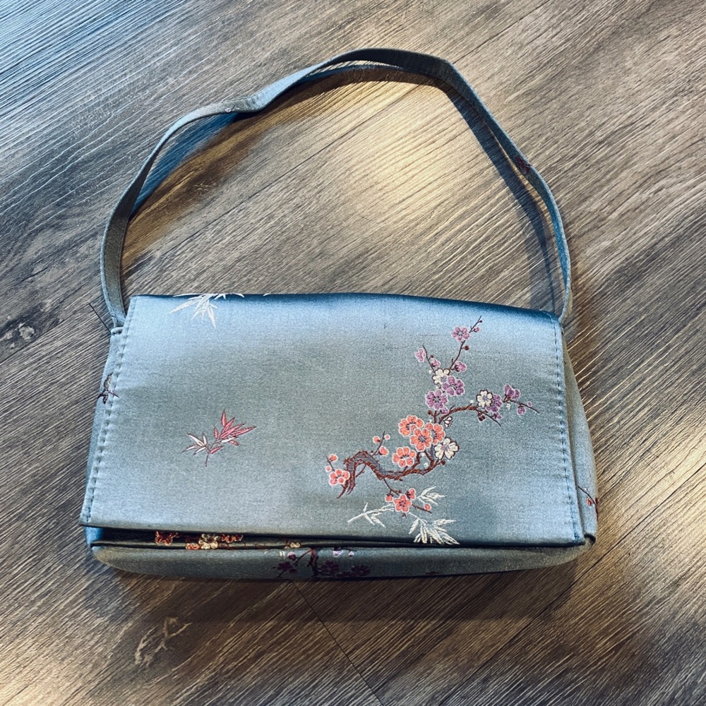 Y2K YANS NY Blue Grey‎ Silk Blend Floral Embroidered Baguette Shoulder Bag Party